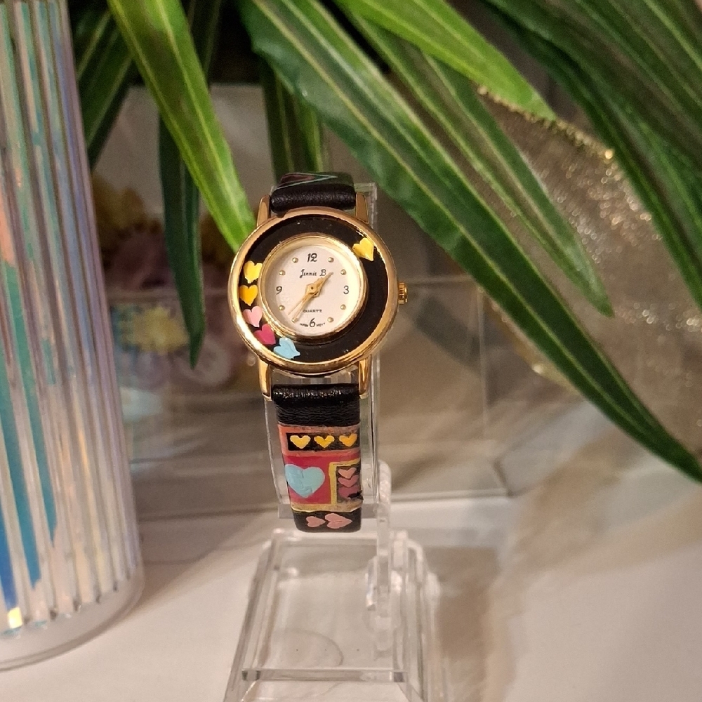 Jennie b.  Painted Hearts Gold and Black Wearable Watch New Battery Works - Picture 5 of 6